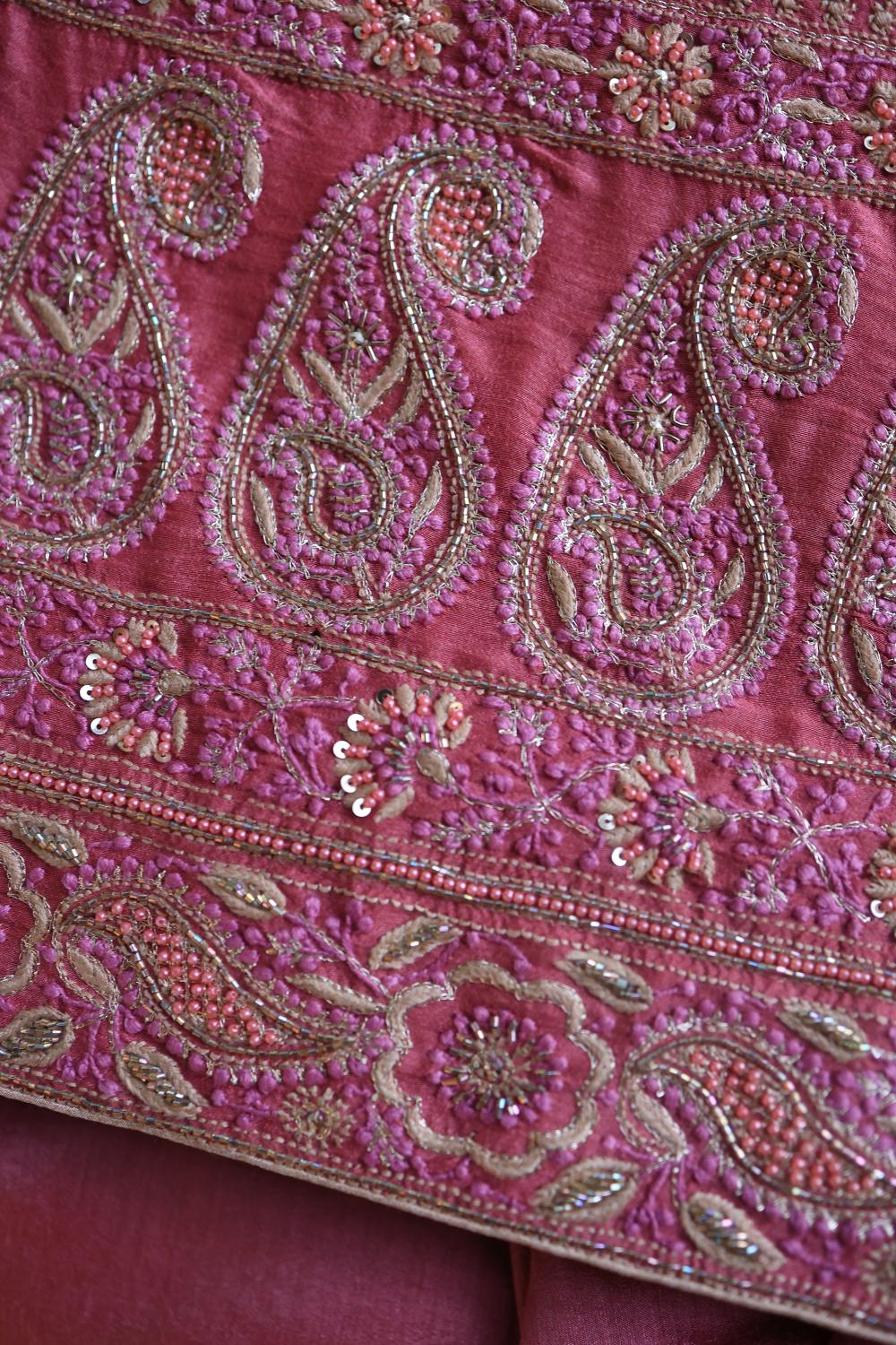 Carrot Pink Moonga Silk Chikankari Unstitched Fabric