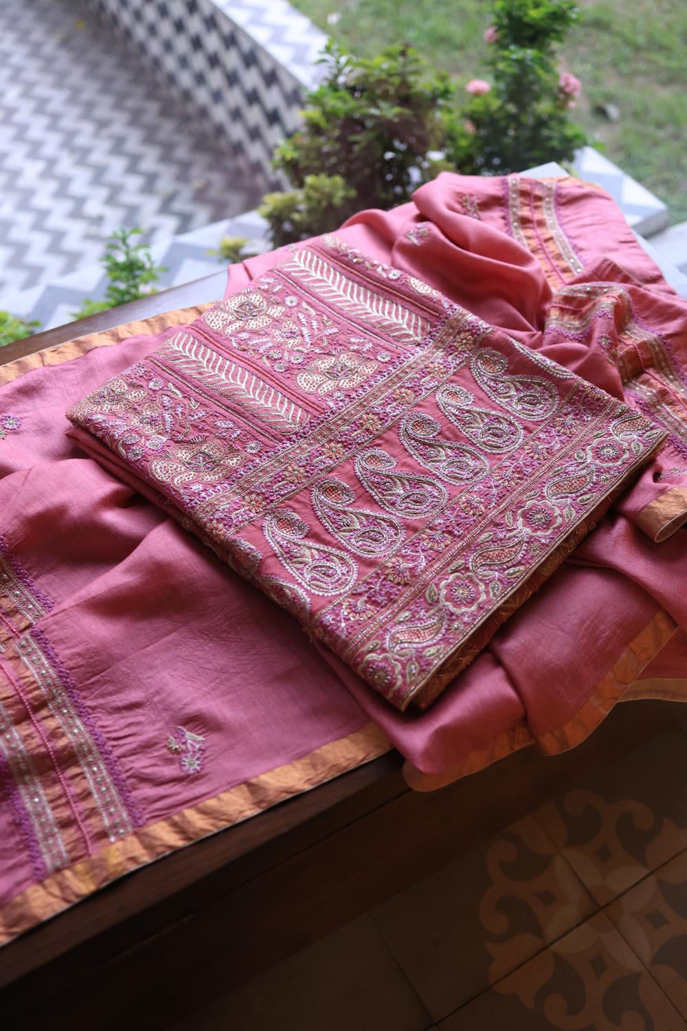 Carrot Pink Moonga Silk Chikankari Unstitched Fabric