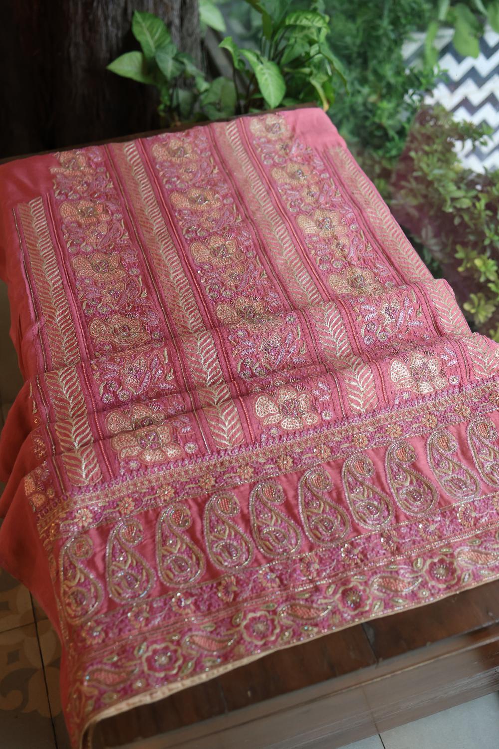 Carrot Pink Moonga Silk Chikankari Unstitched Fabric