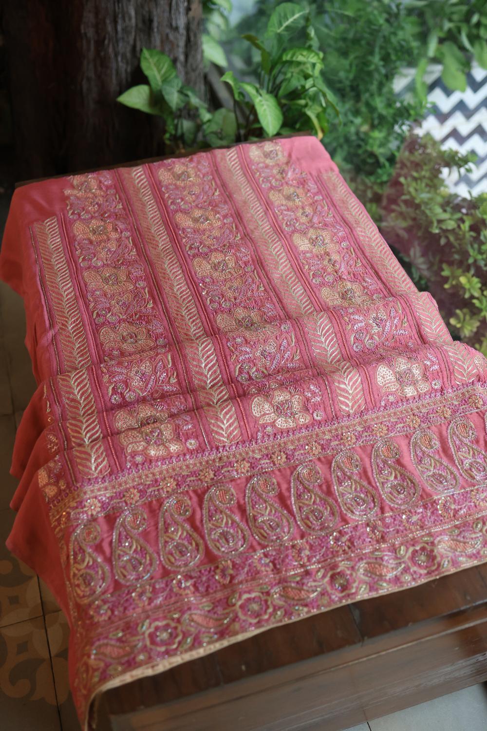 Carrot Pink Moonga Silk Chikankari Unstitched Fabric