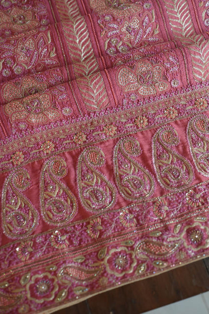 Carrot Pink Moonga Silk Chikankari Unstitched Fabric