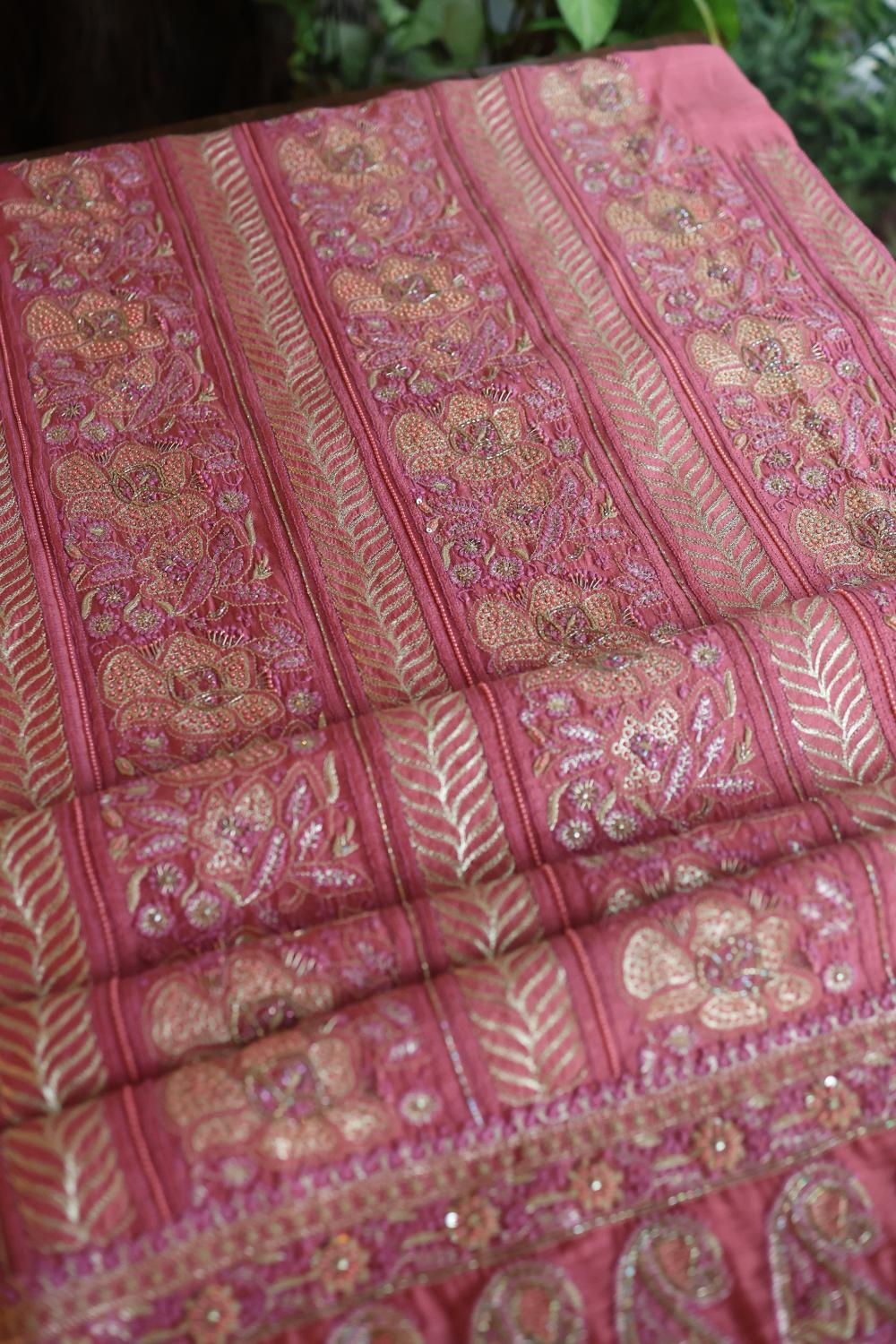 Carrot Pink Moonga Silk Chikankari Unstitched Fabric