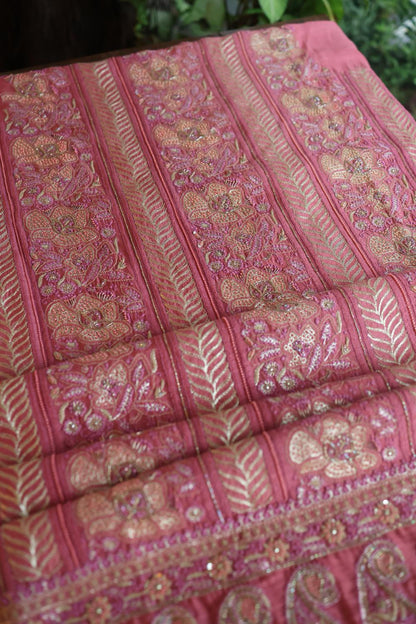 Carrot Pink Moonga Silk Chikankari Unstitched Fabric