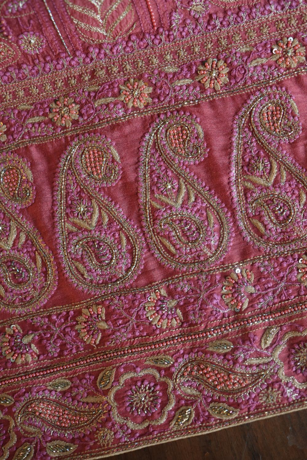 Carrot Pink Moonga Silk Chikankari Unstitched Fabric