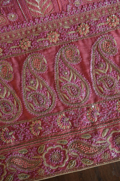 Carrot Pink Moonga Silk Chikankari Unstitched Fabric