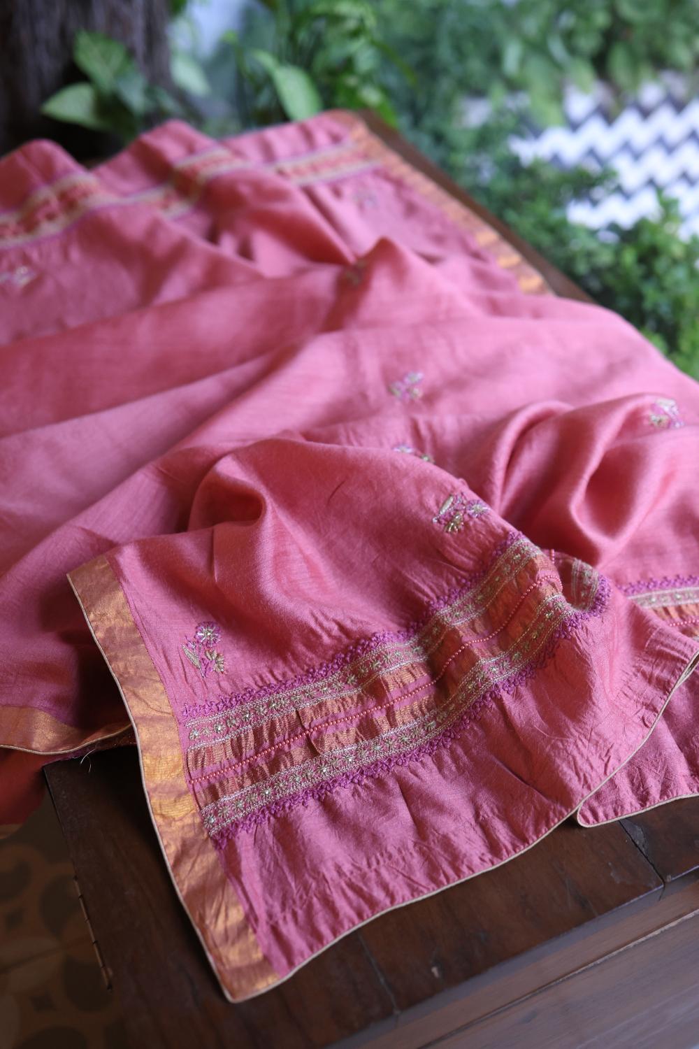 Carrot Pink Moonga Silk Chikankari Unstitched Fabric