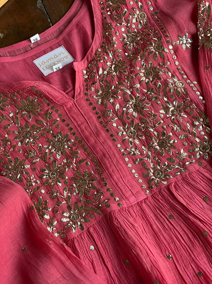 Carrot Pink Mukaish Mul Chanderi Silk Ready To Wear Dress