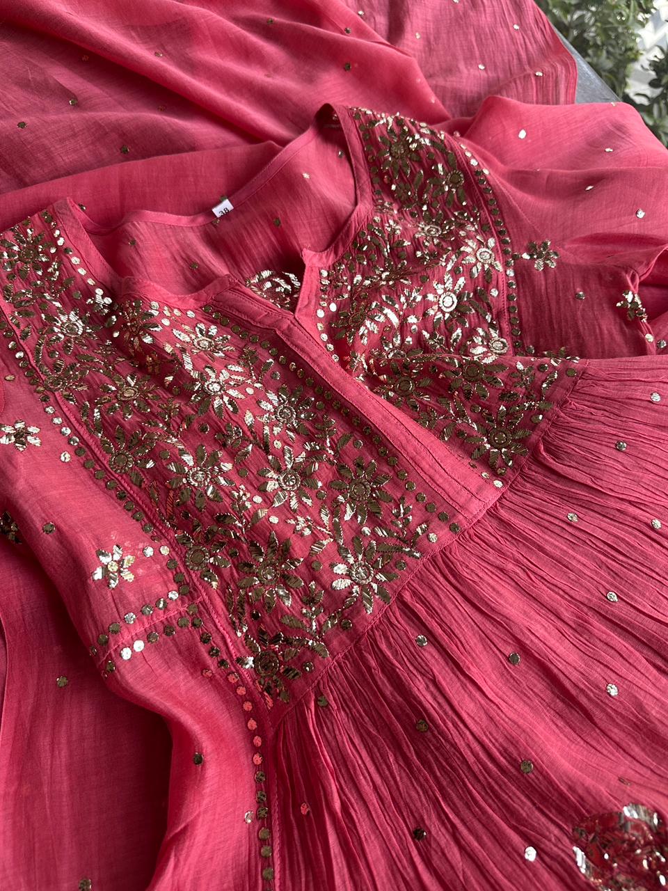 Carrot Pink Mukaish Mul Chanderi Silk Ready To Wear Dress