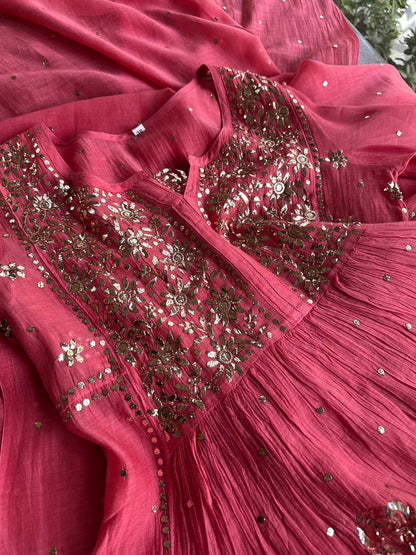 Carrot Pink Mukaish Mul Chanderi Silk Ready To Wear Dress