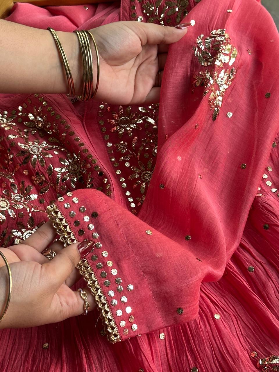 Carrot Pink Mukaish Mul Chanderi Silk Ready To Wear Dress