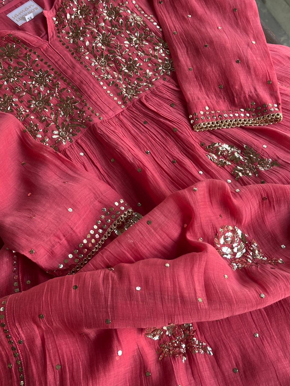 Carrot Pink Mukaish Mul Chanderi Silk Ready To Wear Dress