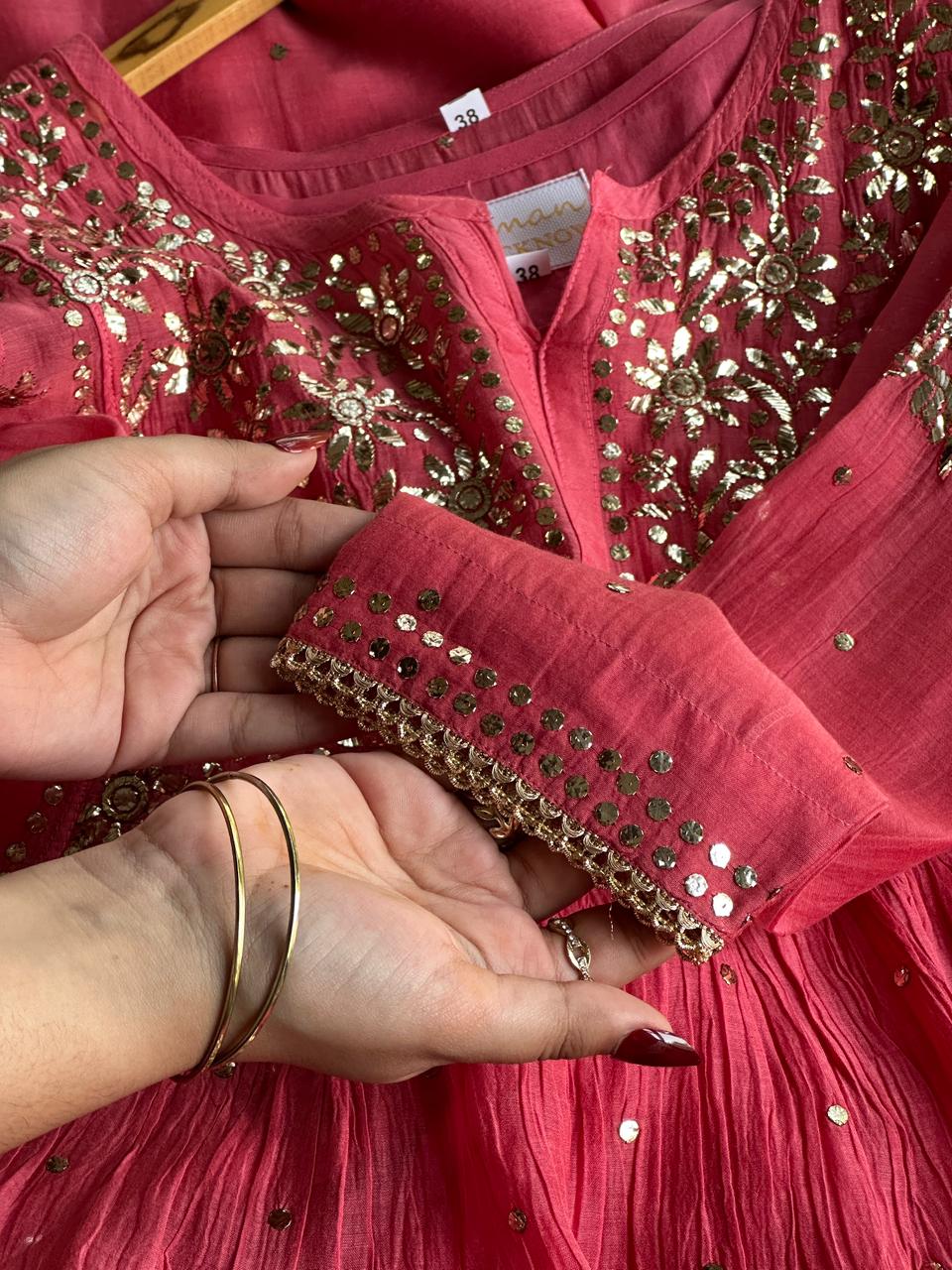 Carrot Pink Mukaish Mul Chanderi Silk Ready To Wear Dress