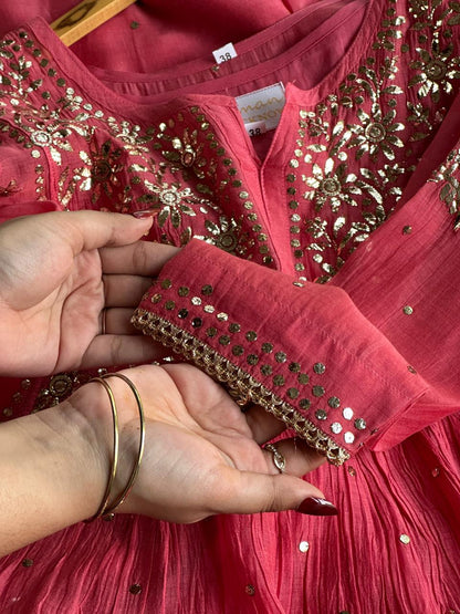 Carrot Pink Mukaish Mul Chanderi Silk Ready To Wear Dress