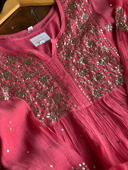 Carrot Pink Mukaish Mul Chanderi Silk Ready To Wear Dress