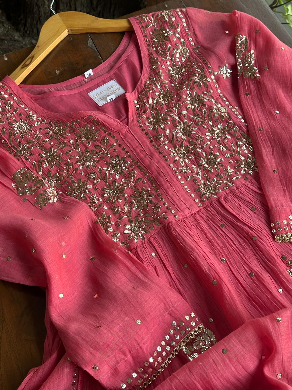 Carrot Pink Mukaish Mul Chanderi Silk Ready To Wear Dress