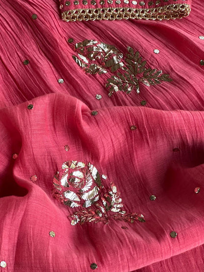 Carrot Pink Mukaish Mul Chanderi Silk Ready To Wear Dress