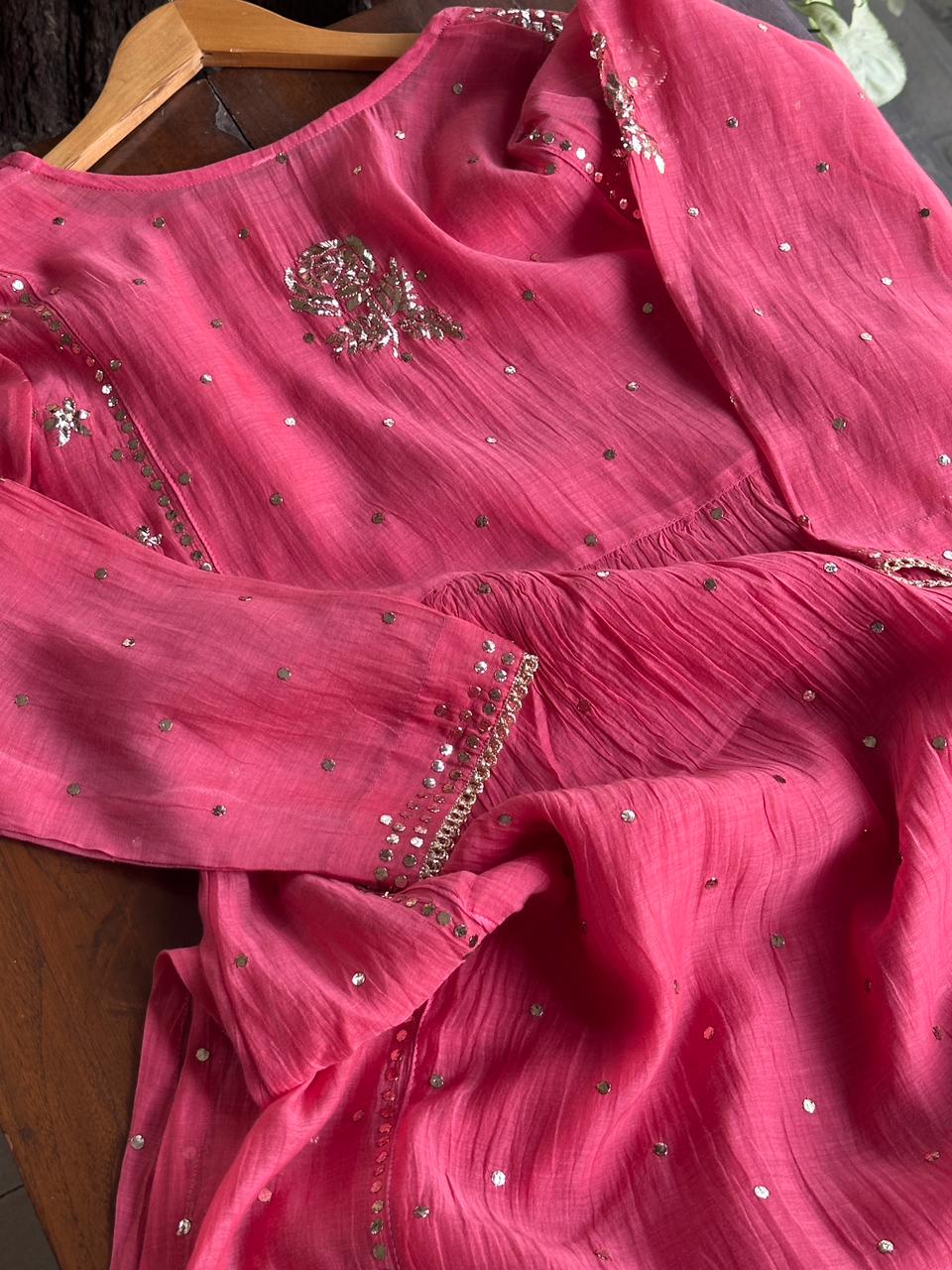 Carrot Pink Mukaish Mul Chanderi Silk Ready To Wear Dress