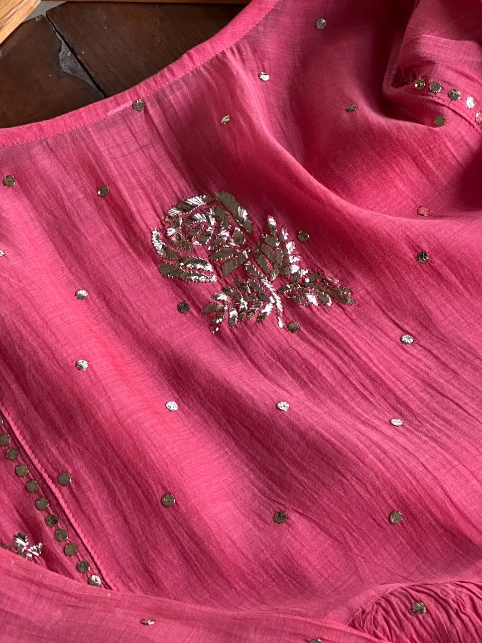 Carrot Pink Mukaish Mul Chanderi Silk Ready To Wear Dress