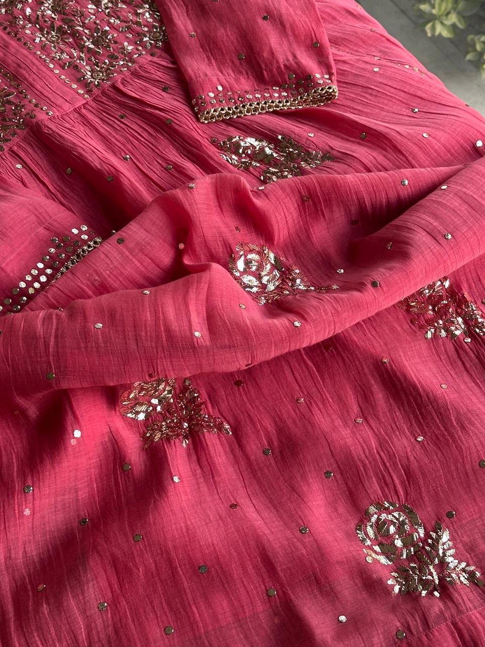 Carrot Pink Mukaish Mul Chanderi Silk Ready To Wear Dress