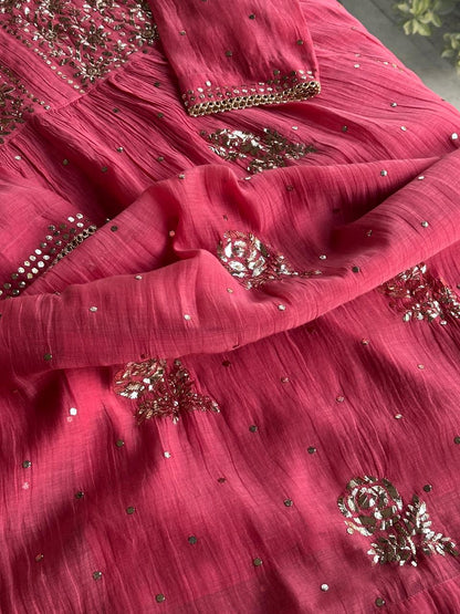 Carrot Pink Mukaish Mul Chanderi Silk Ready To Wear Dress