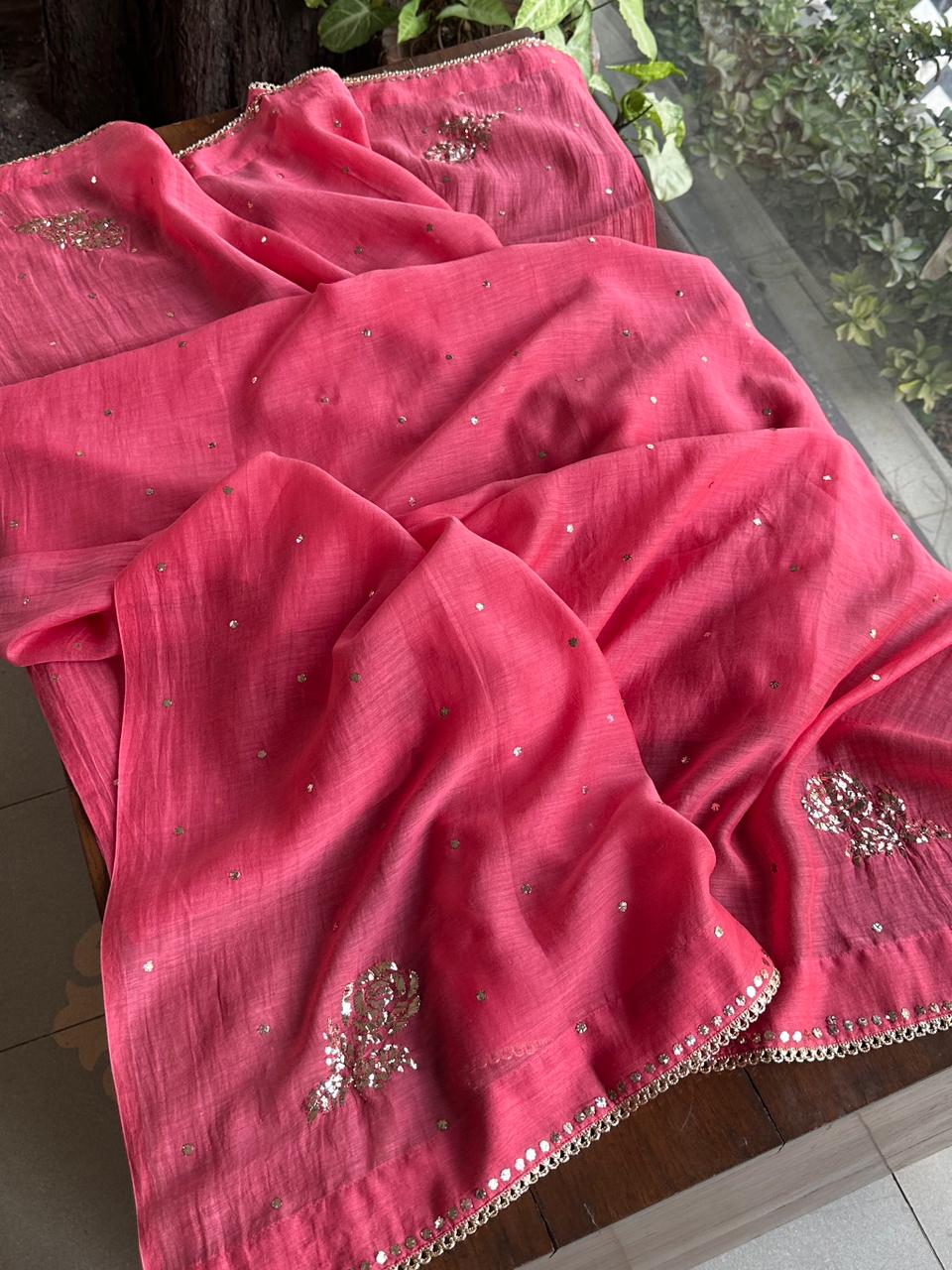 Carrot Pink Mukaish Mul Chanderi Silk Ready To Wear Dress