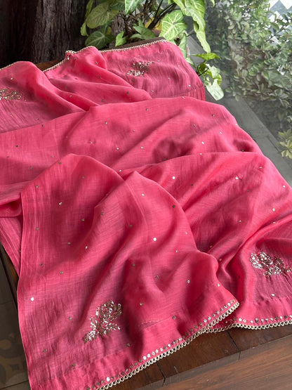 Carrot Pink Mukaish Mul Chanderi Silk Ready To Wear Dress