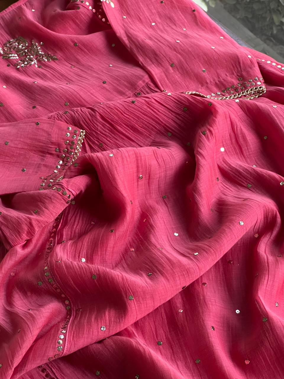Carrot Pink Mukaish Mul Chanderi Silk Ready To Wear Dress