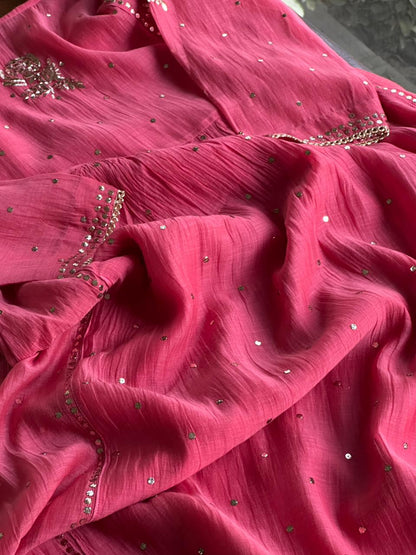 Carrot Pink Mukaish Mul Chanderi Silk Ready To Wear Dress