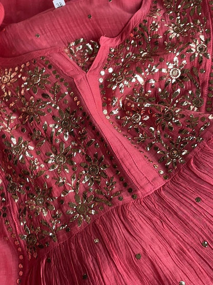 Carrot Pink Mukaish Mul Chanderi Silk Ready To Wear Dress