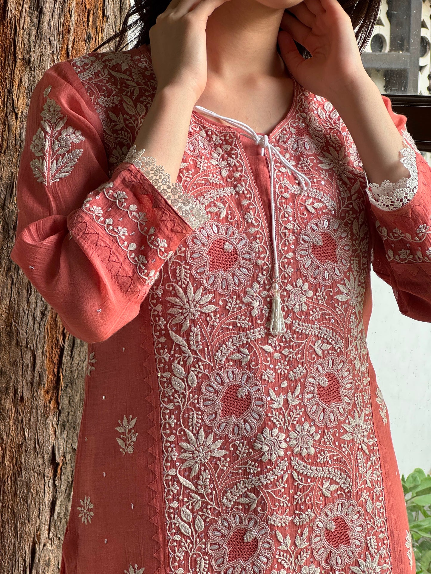 Carrot Pink Mul Chanderi Mukaish Kamdani Chikankari Stitched Kurta Dupatta Set
