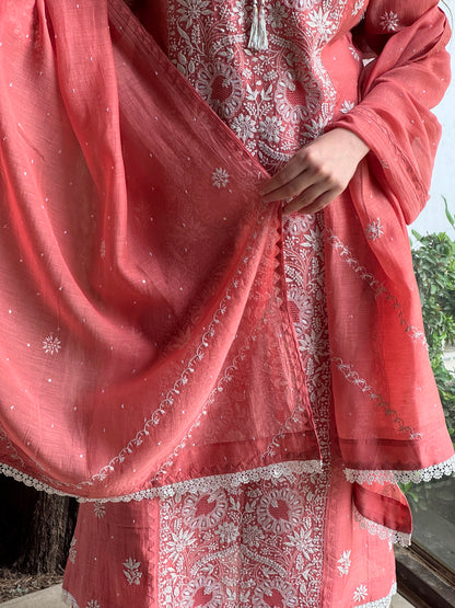 Carrot Pink Mul Chanderi Mukaish Kamdani Chikankari Stitched Kurta Dupatta Set