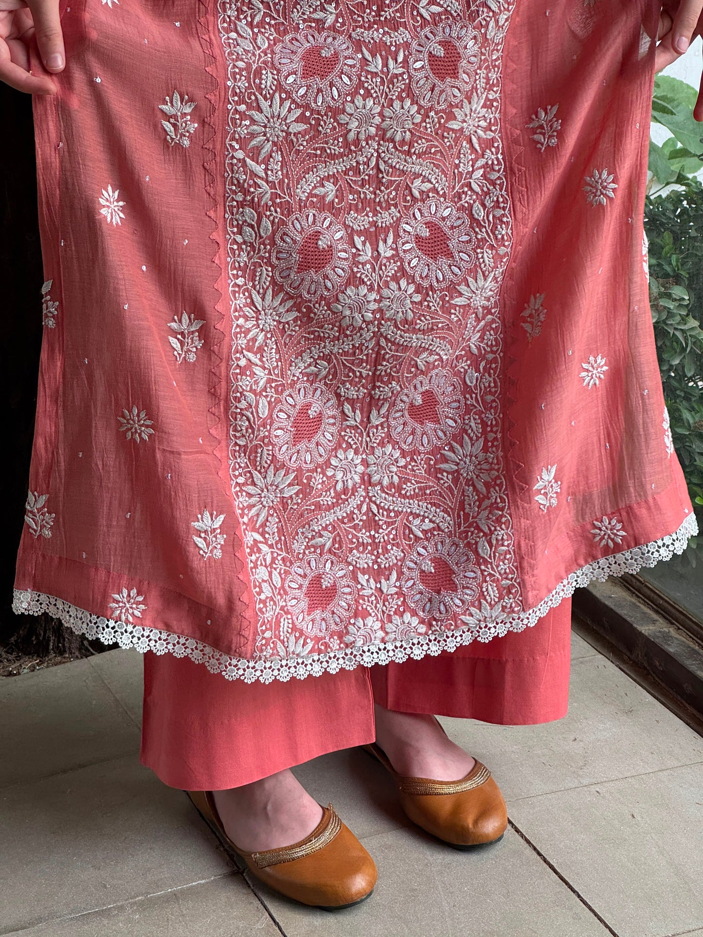 Carrot Pink Mul Chanderi Mukaish Kamdani Chikankari Stitched Kurta Dupatta Set