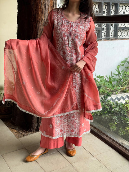 Carrot Pink Mul Chanderi Mukaish Kamdani Chikankari Stitched Kurta Dupatta Set