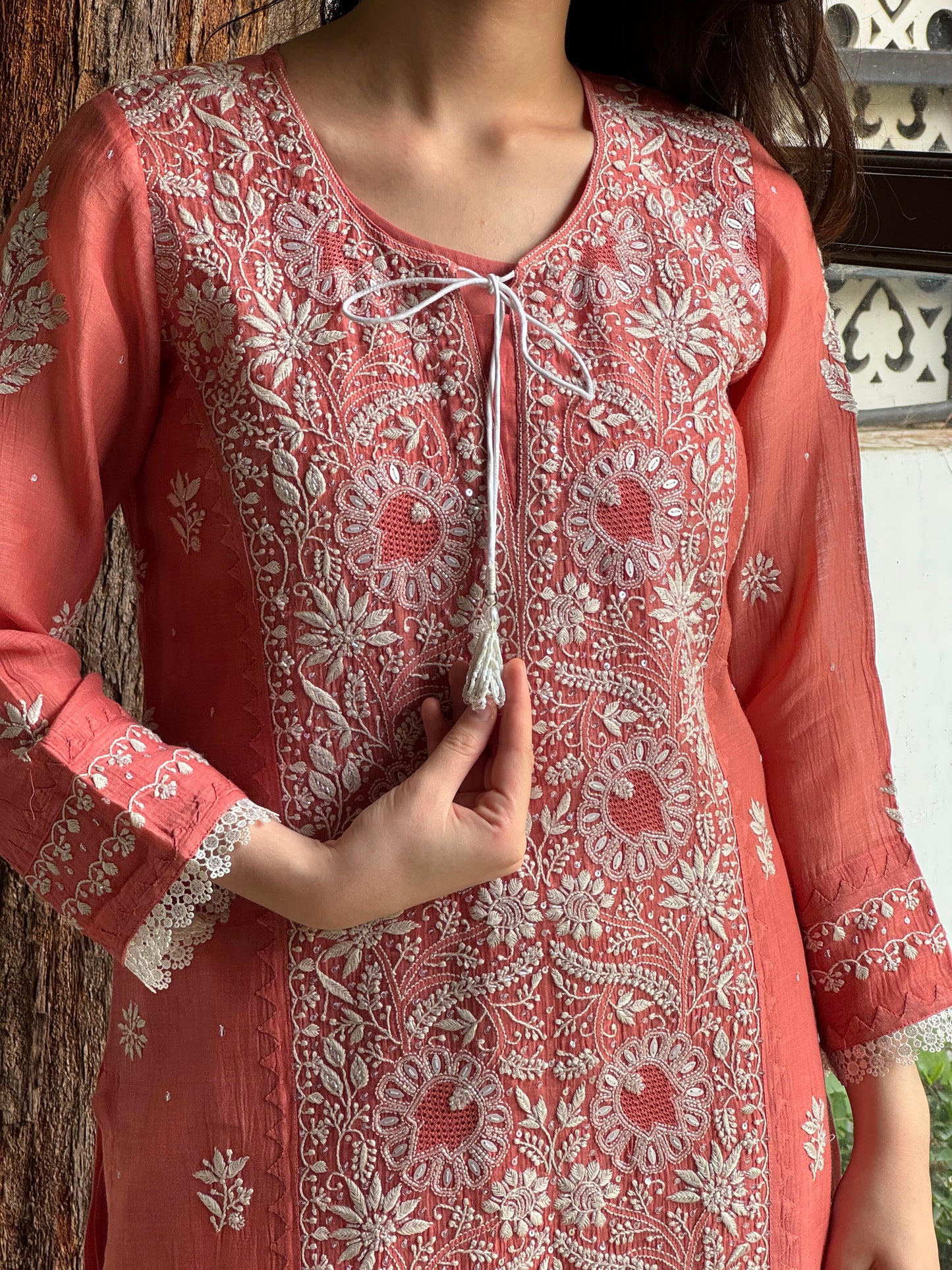 Carrot Pink Mul Chanderi Mukaish Kamdani Chikankari Stitched Kurta Dupatta Set