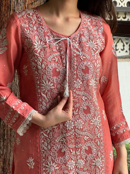 Carrot Pink Mul Chanderi Mukaish Kamdani Chikankari Stitched Kurta Dupatta Set