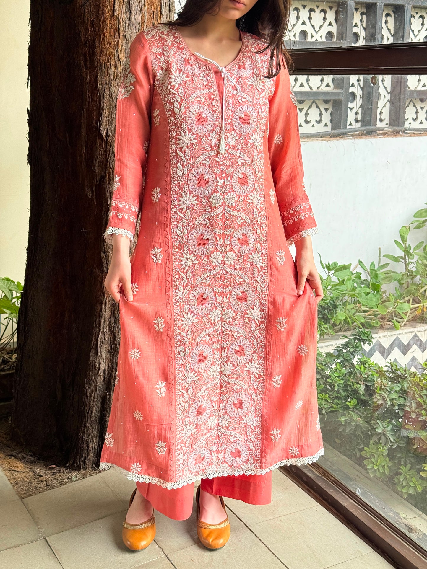 Carrot Pink Mul Chanderi Mukaish Kamdani Chikankari Stitched Kurta Dupatta Set