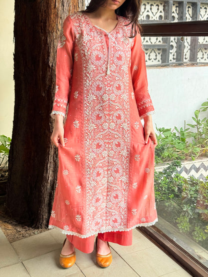 Carrot Pink Mul Chanderi Mukaish Kamdani Chikankari Stitched Kurta Dupatta Set