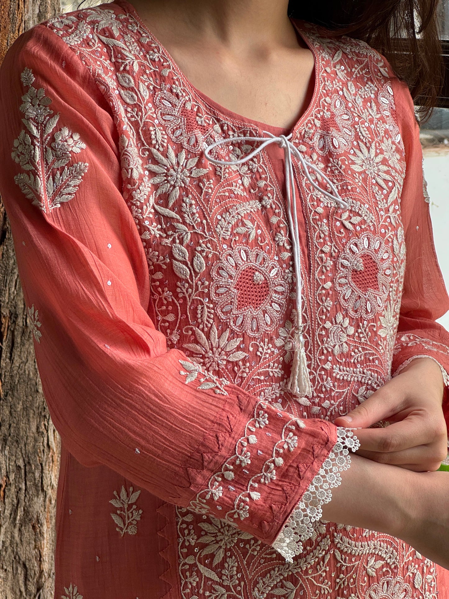 Carrot Pink Mul Chanderi Mukaish Kamdani Chikankari Stitched Kurta Dupatta Set