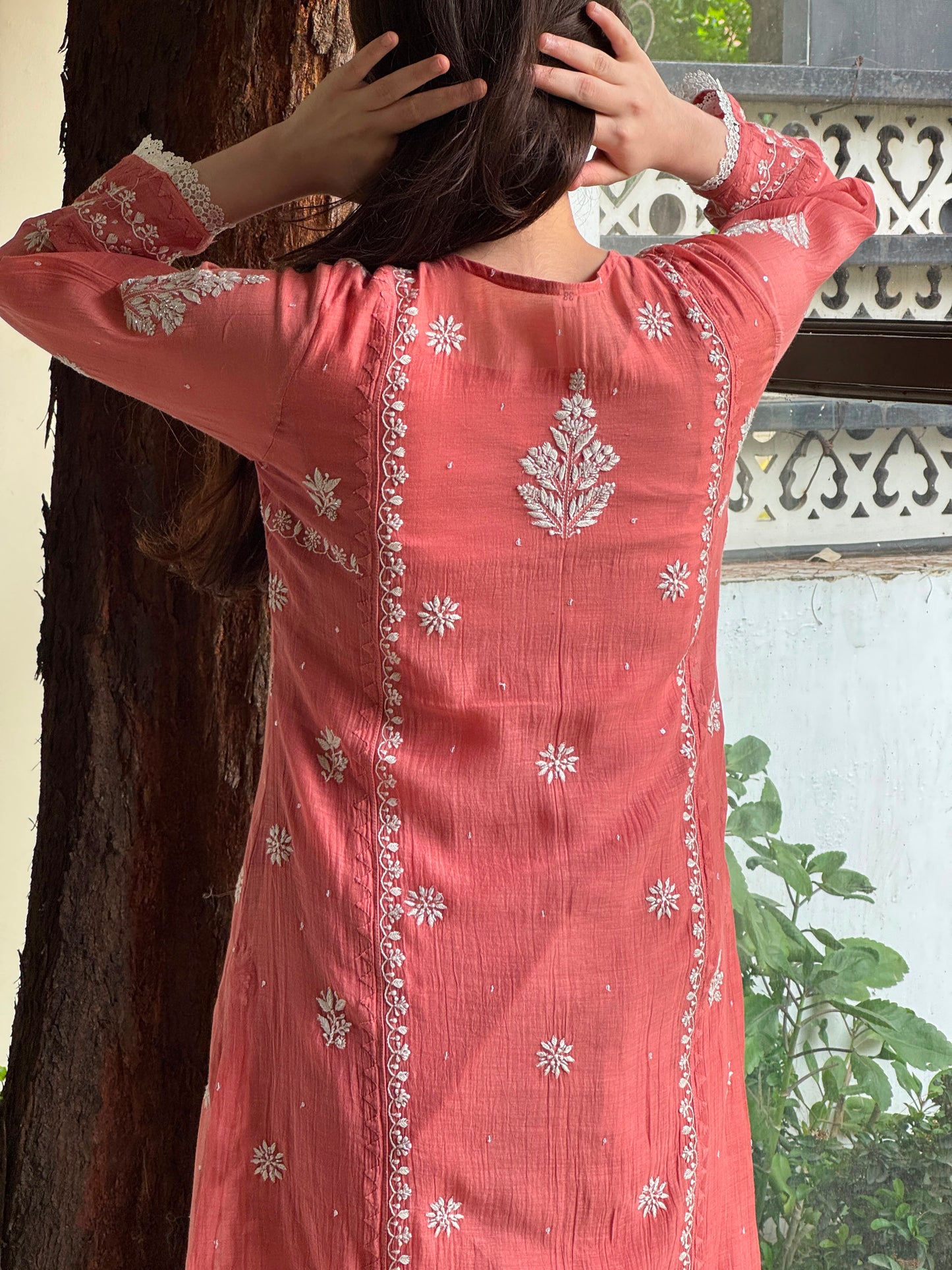 Carrot Pink Mul Chanderi Mukaish Kamdani Chikankari Stitched Kurta Dupatta Set