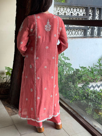 Carrot Pink Mul Chanderi Mukaish Kamdani Chikankari Stitched Kurta Dupatta Set