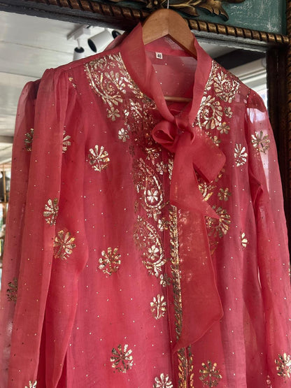 Carrot Pink Noor Organza Mukaish Badla Short Top With Bow Tie