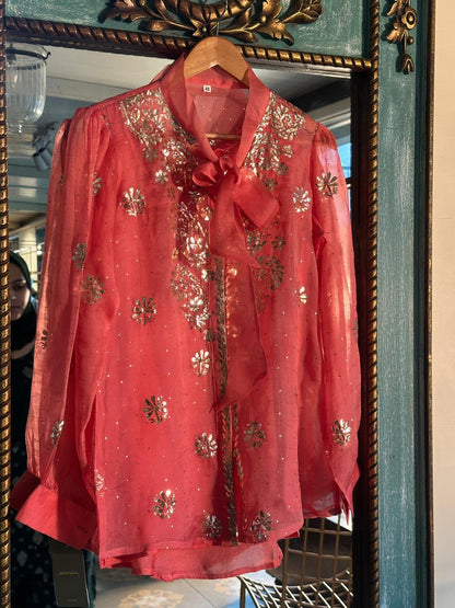 Carrot Pink Noor Organza Mukaish Badla Short Top With Bow Tie