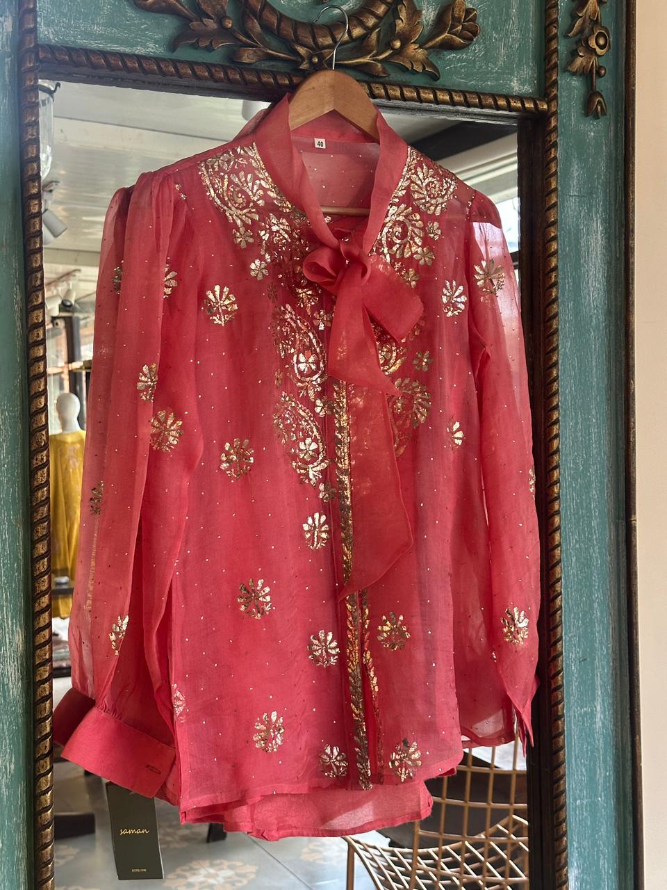 Carrot Pink Noor Organza Mukaish Badla Short Top With Bow Tie