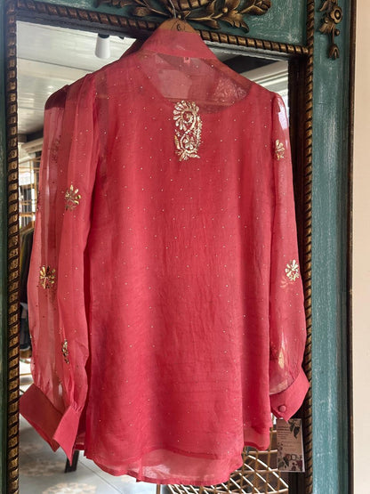 Carrot Pink Noor Organza Mukaish Badla Short Top With Bow Tie