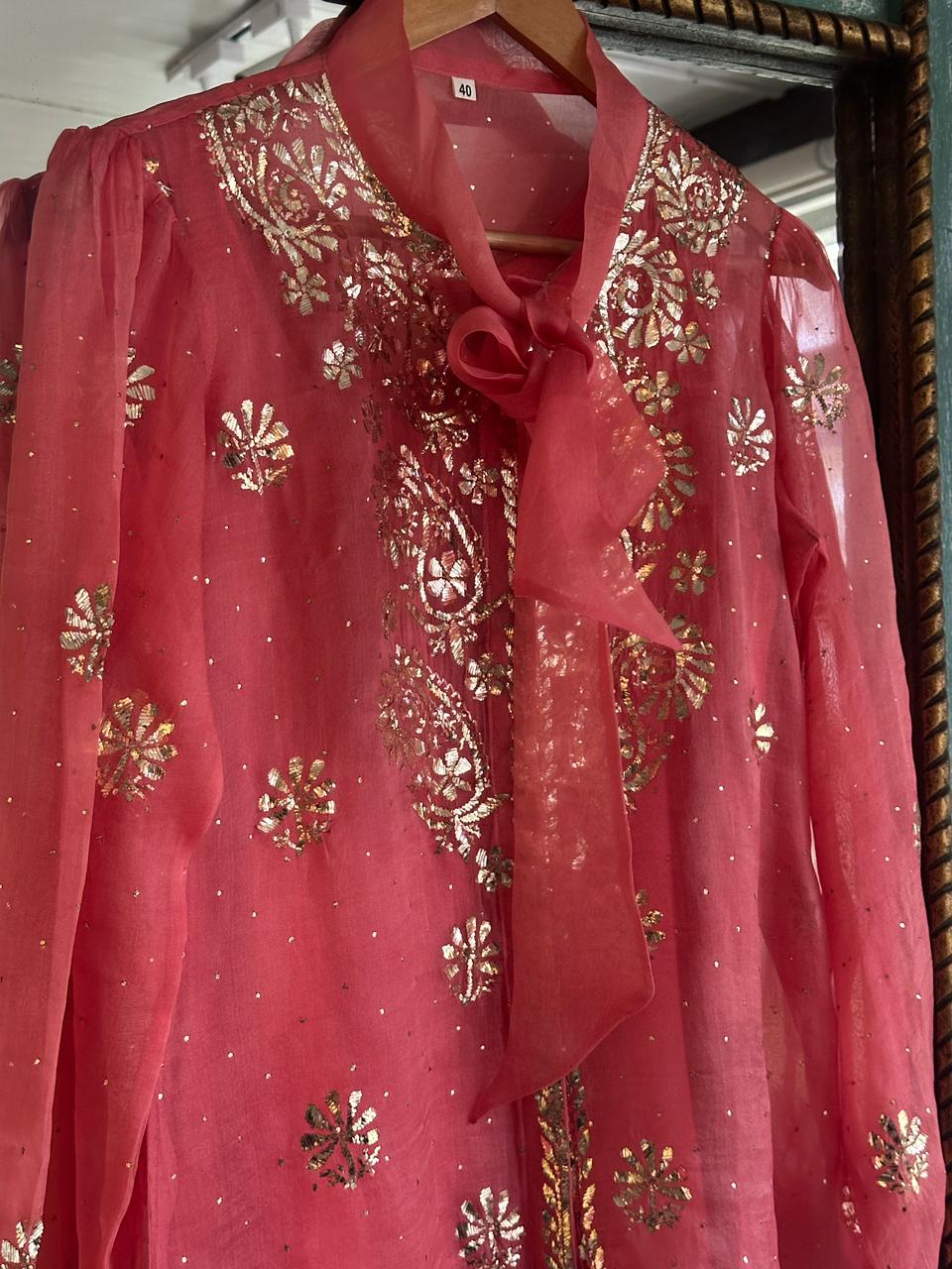 Carrot Pink Noor Organza Mukaish Badla Short Top With Bow Tie