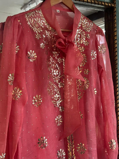 Carrot Pink Noor Organza Mukaish Badla Short Top With Bow Tie