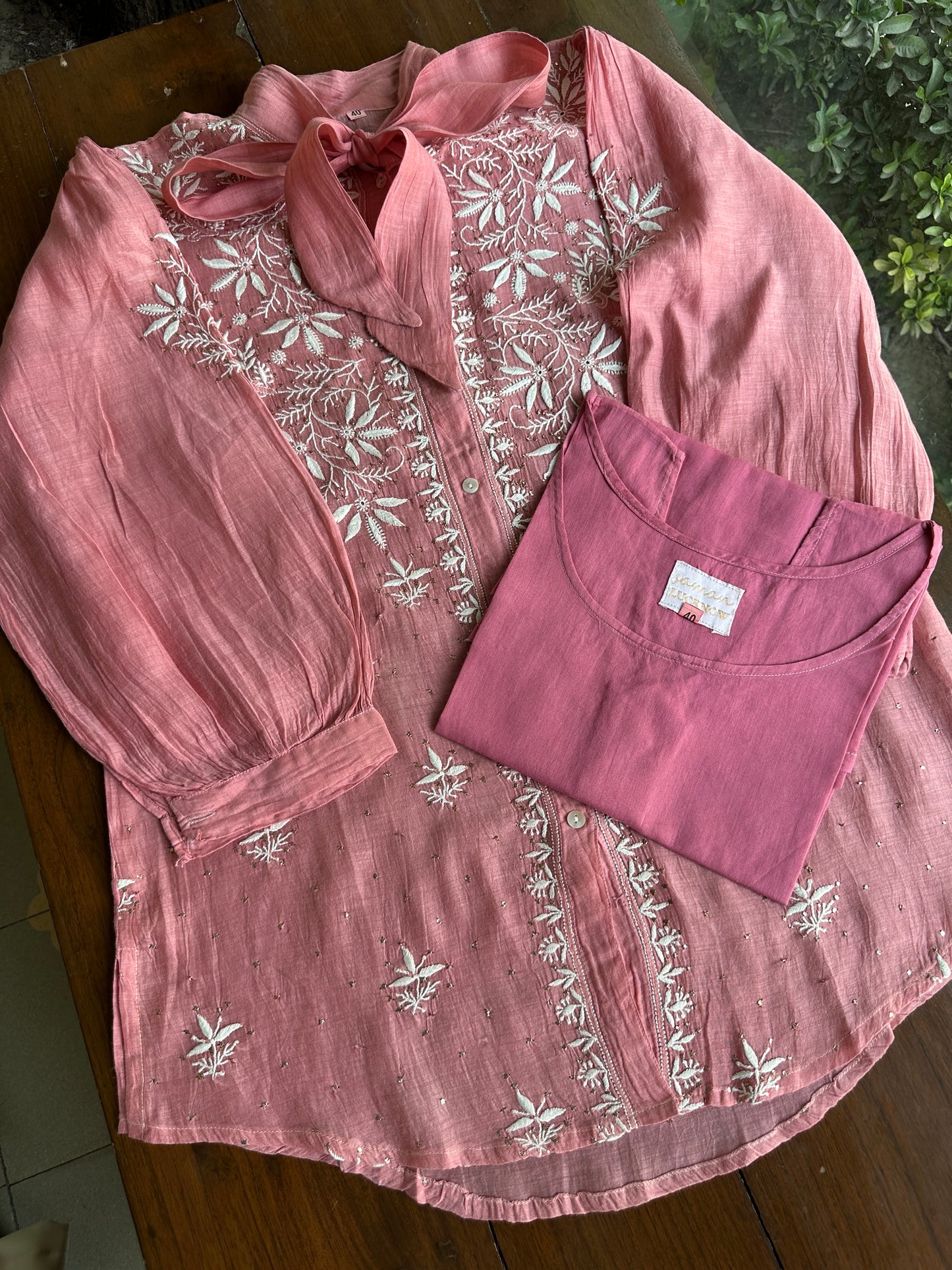 Carrot Pink Shade Chikankari Short Shirt With Lining