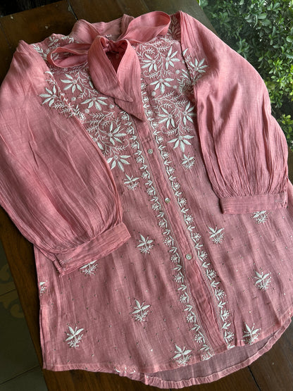 Carrot Pink Shade Chikankari Short Shirt With Lining