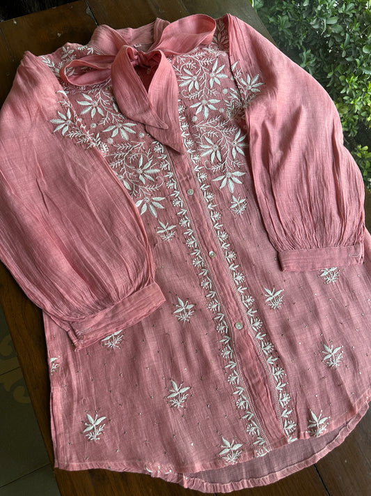 Carrot Pink Shade Chikankari Short Shirt With Lining