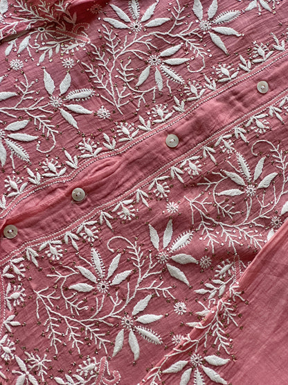 Carrot Pink Shade Chikankari Short Shirt With Lining